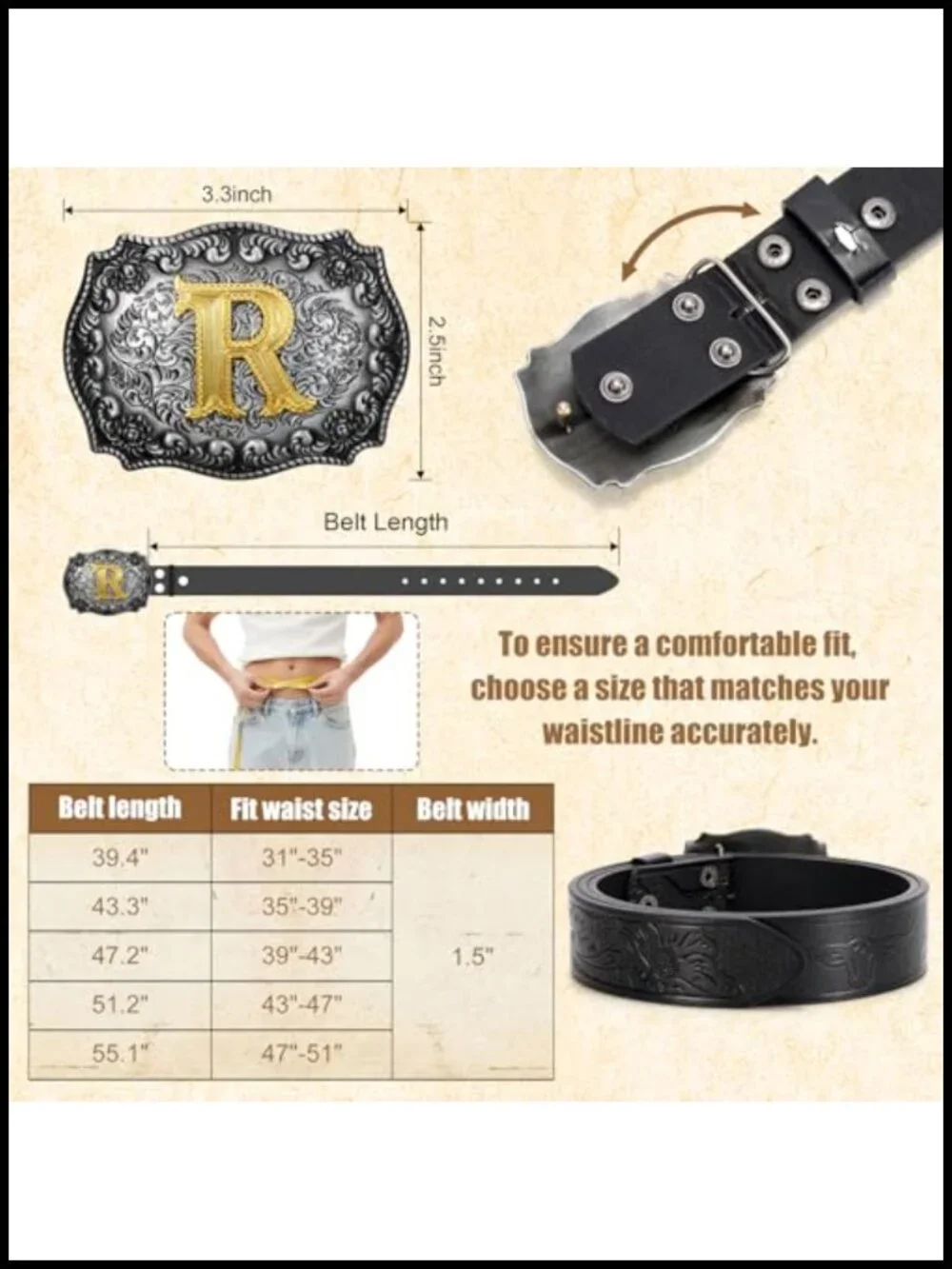Western Initial Letter PU Leather Belt Snap-On Buckle Men Women